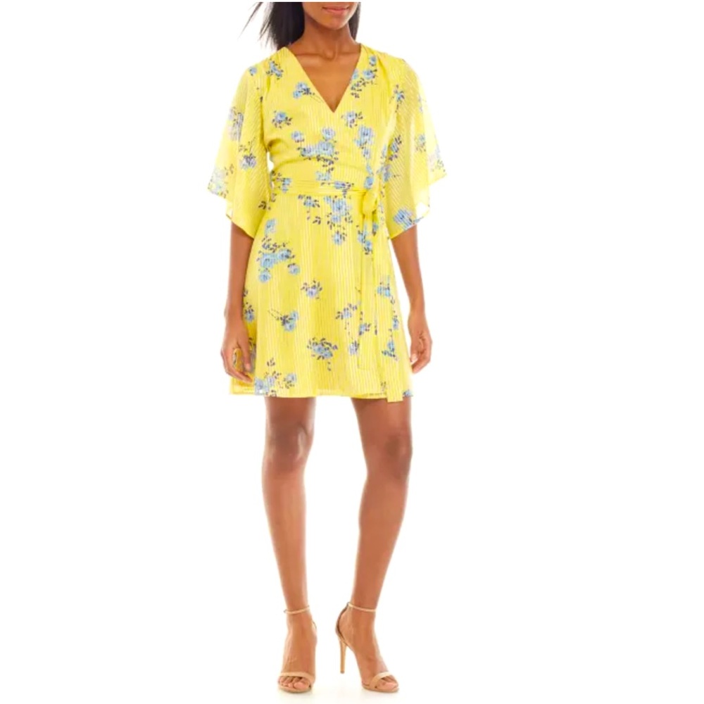 Charles Henry Yellow Mini Dress with Blue Floral Accents